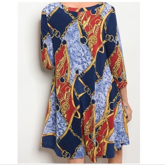 3/4 Sleeves Navy /Red Printed Dress NEW - Picture 3 of 3
